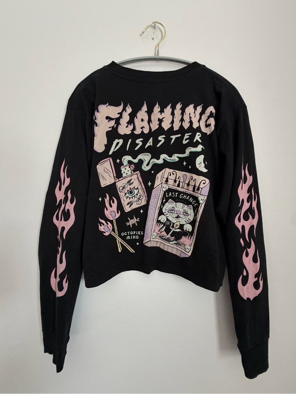 Octopied Mind Flaming Disaster Black Graphic Long Sleeve Tee Large